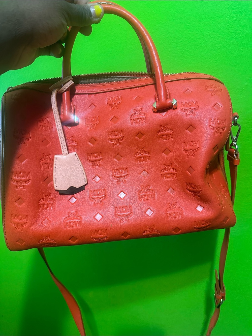 MCM Red Leather Embossed Satchel with Pink Tag